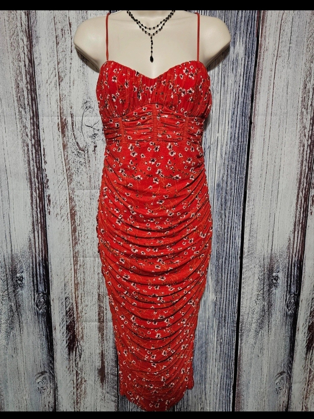 Hello Molly Red Floral Ruched Spaghetti-Strap Midi Dress